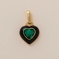 Detail view of a 18K gold-plated heart pendant with black enamel and emerald green crystal - Black Gold Heart Style
