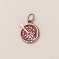 Macro shot of 18K gold plated heart pendant with red enamel and silver spoon motif - Round Red Enamel Food Pendant