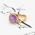 Vintage gold hollow double-ring with square purple natural stone on minimalist background - US 6 / Gold Purple Gemstone