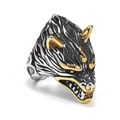 Viking punk wolf head ring in stainless steel with two-tone silver and gold finish - US 7 / Gold & Silver