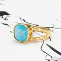 Close-up of golden hollowed ring featuring a square blue druzy stone on an artistic background - US 6 / Gold Blue