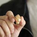Macro shot of gold viking wolf head ring with detailed engraving and punk aesthetic - US 7 / Gold