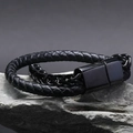 Men's double-layer black braided leather bracelet with stainless steel chain and magnetic clasp - Black