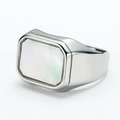 Macro view showing the rectangular white shell inlay on a brushed silver titanium ring - Size 7 / Silver White Shell