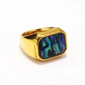 Macro detail of golden titanium ring featuring a rectangular abalone shell inlay - Gold Abalone Shell