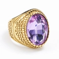 Nahaufnahme des vergoldeten Edelstahlrings mit ovalem violettem Edelstein und Reliefdetails - Größe 7 / Gold Purpurner Edelstein