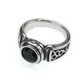 Macro detail of vintage titanium steel ring with round black gemstone and Celtic patterns - Size 7 / Silver (Black Rhinestone)