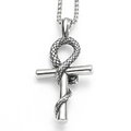 Detailed view of silver snake coiled around a polished cross pendant on a bead chain - Pendant Only (Without Chain) / Steel