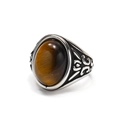 Detailed view of men's vintage steel ring featuring oval tiger eye stone and vine carvings - US 7 / Steel Tiger Eye