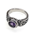 Macro shot of retro stainless steel ring featuring a purple faceted gemstone and carved motifs - Size 7 / Silver (Purple Rhinestone)