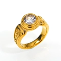 Detailed view of the gold-plated band featuring intricate vintage carvings and a white stone - Size 7 / Gold (White Rhinestone)