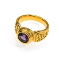Detail of vintage gold-plated men's ring with purple gemstone and hollow carving - Size 7 / Gold (Purple Rhinestone)