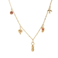 Gold stainless steel necklace with palm leaf, airplane and red stone charms - October Style