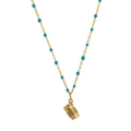 Détail d'un pendentif tasse à café doré avec des perles bleues sur un collier fin - Pendentif Coupe Seul (Sans Chaîne)