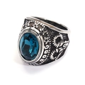 Anillo punk de acero de titanio con cristal azul oscuro ovalado y grabados vintage - Talla 7 / Estilo de Gema Azul Oscuro (Estilo Acero 20) / Color acero