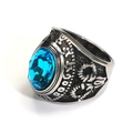 Anillo punk de acero de titanio con cabeza de carnero y una gema azul tallada - Talla 7 / Estilo de Gema Azul (Estilo Acero 15)