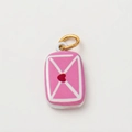 Detailed view of a pink enamel envelope pendant with a red heart and gold ring - Pink Envelope Pendant