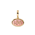 Dettaglio del ciondolo ovale in oro con smalto rosa e scritta LOVE in rilievo - Pendaglio Love Cuore