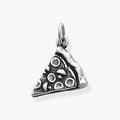 Macro detail of silver pizza slice pendant with textured pepperoni and mushroom engravings - Pizza