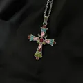 Collana con croce gotica argentata e strass multicolore su sfondo nero opaco - Collana Croce Blu
