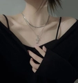 Detail of silver layered snake chain necklace with sparkling zircon cross pendant on model - Double Layer Snake Chain / Cross Pendant Style (Style 6)