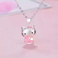 Süße Cartoon-Katze Halskette mit rosa gepunkteter Schleife auf silberner Kette - Hello Kitty Cartoon-Katzen-Stil / Rosa