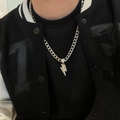 Close-up of hip-hop lightning pendant with pavé crystals on a silver Cuban link chain - Lightning Pendant Cuban Chain