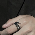 Dark gothic angel wing open ring with black oxidized finish and moonstone centerpiece - Adjustable Opening / Black Wings