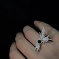 Gothic silver angel wing open ring featuring a central round black onyx gemstone for couples - Adjustable Opening / White Wings