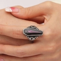 Vintage Gothic vampire coffin ring in retro silver finish with black enamel inlay - US 7 / Steel Purple Resin