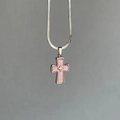 Y2K punk style silver cross necklace with pink inlay and flat snake chain pendant - Necklace Set / Pink