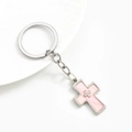 Portachiavi con doppia croce rosa marmorizzata con cornice in metallo argento e anello - Portachiavi / Rosa
