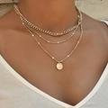 Three-layer gold necklace set featuring curb chain and round pendant worn by a model - Gold Three-Layer Curb Chain Round Pendant Necklace (XL1080-4)