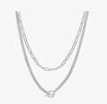 Detail van zilveren dubbellaagse ketting met paperclip-schakels, cubaanse links en OT-sluiting - Zilveren Paperclip Curb Ketting OT Sluiting (XL1080-18)