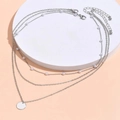 Detailed view of triple-layered silver necklace with pearls and round pendant charm - Silver Three-Layer Pearl Round Pendant Necklace (XL1080-6)