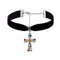 Collar gargantilla de terciopelo negro con colgante de cruz floral colorida y broche de plata - Collar choker / Collar de Cruz de Flores (Banda de Terciopelo)