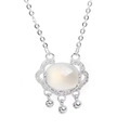 Silver color Ruyi lock necklace with white stone pendant and metal tassel on white background - White K/Silver