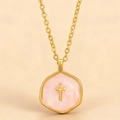 Chic gold alloy cross pendant necklace with pink marble enamel for modern women - Pink Cross Necklace