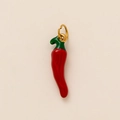 Detailed view of a bright red chili pepper pendant with green stem and golden ring - Chili Pendant