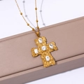 Detail of 18k gold plated cross pendant with lava texture and 5 oval crystals on beaded chain - Lava Texture Crystal Cross Style (JJN0293)
