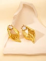 Detailed view of gold geometric earrings with hammered texture and square crystal studs - Wavy Pleated Hammered Style (5813010231092) / White Zirconia Stud Earrings