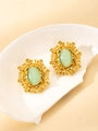 Macro detail of gold-plated titanium earrings featuring green opal and leaf texture - Leaf Relief Oval Style (5813010231089) / Lake Blue