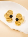 Vintage gold-plated titanium earrings with petal texture and black zircon stones - Black Petal