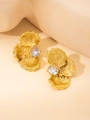 Vintage gold pleated floral titanium earrings with a brilliant round white zircon stone - White Petal