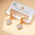 Golden heart-shaped stainless steel drop earrings with shimmering white crystals inlay - Rhinestone Inlaid Gemstone