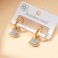 Golden heart drop earrings with white rhinestones in polished stainless steel finish - Rhinestone Crooked Heart