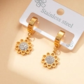 Titanium steel daisy drop earrings in gold finish with sparkling white crystal center - Rhinestone Sunflower