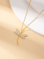 Elegant 18K gold plated dragonfly pendant necklace with white enamel and crystals - 18K Gold / Rhinestone Dragonfly E1