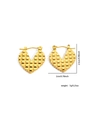 Detailed view of golden titanium heart earrings with textured pyramid pattern and dimensions - Geometric Quilted Texture Heart Earrings (ZYRH00059J)