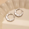 Minimalist silver titanium earrings with geometric twisted texture and snap closure - Geometric Spiral Texture Style (BJGE0231) / Silver